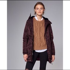 NWT Abercrombie Burgundy Maroon Red Parka Jacket Womens Puffer Fur Black